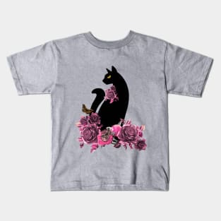 black color cat with butterfly moth and flowers, cats lovers design Kids T-Shirt